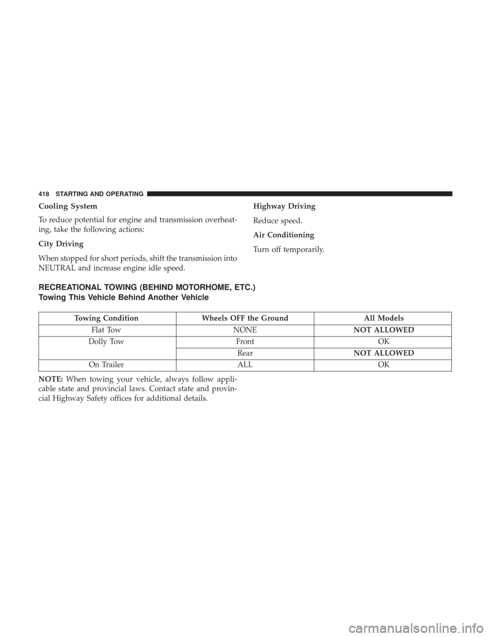 DODGE GRAND CARAVAN 2017 5.G Owners Manual Cooling System
To reduce potential for engine and transmission overheat-
ing, take the following actions:
City Driving
When stopped for short periods, shift the transmission into
NEUTRAL and increase 