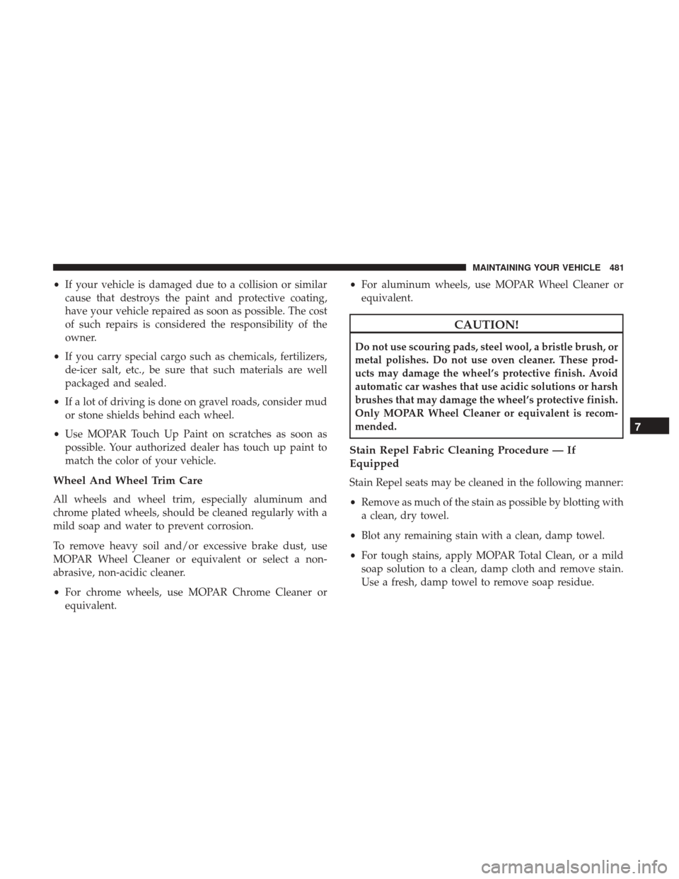 DODGE GRAND CARAVAN 2017 5.G Owners Manual •If your vehicle is damaged due to a collision or similar
cause that destroys the paint and protective coating,
have your vehicle repaired as soon as possible. The cost
of such repairs is considered