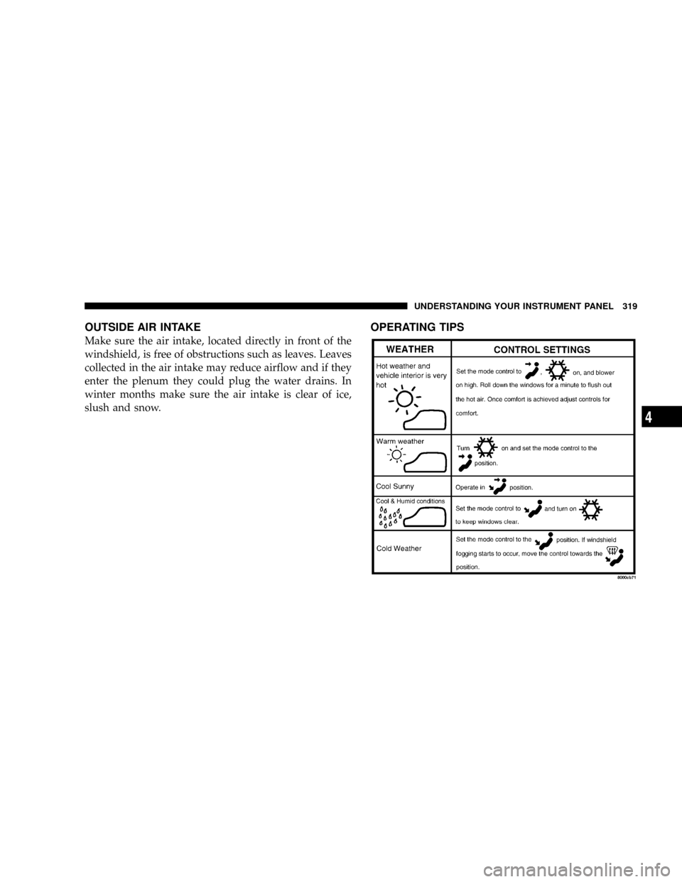 DODGE GRAND CARAVAN 2008 5.G Owners Manual OUTSIDE AIR INTAKE
Make sure the air intake, located directly in front of the
windshield, is free of obstructions such as leaves. Leaves
collected in the air intake may reduce airflow and if they
ente