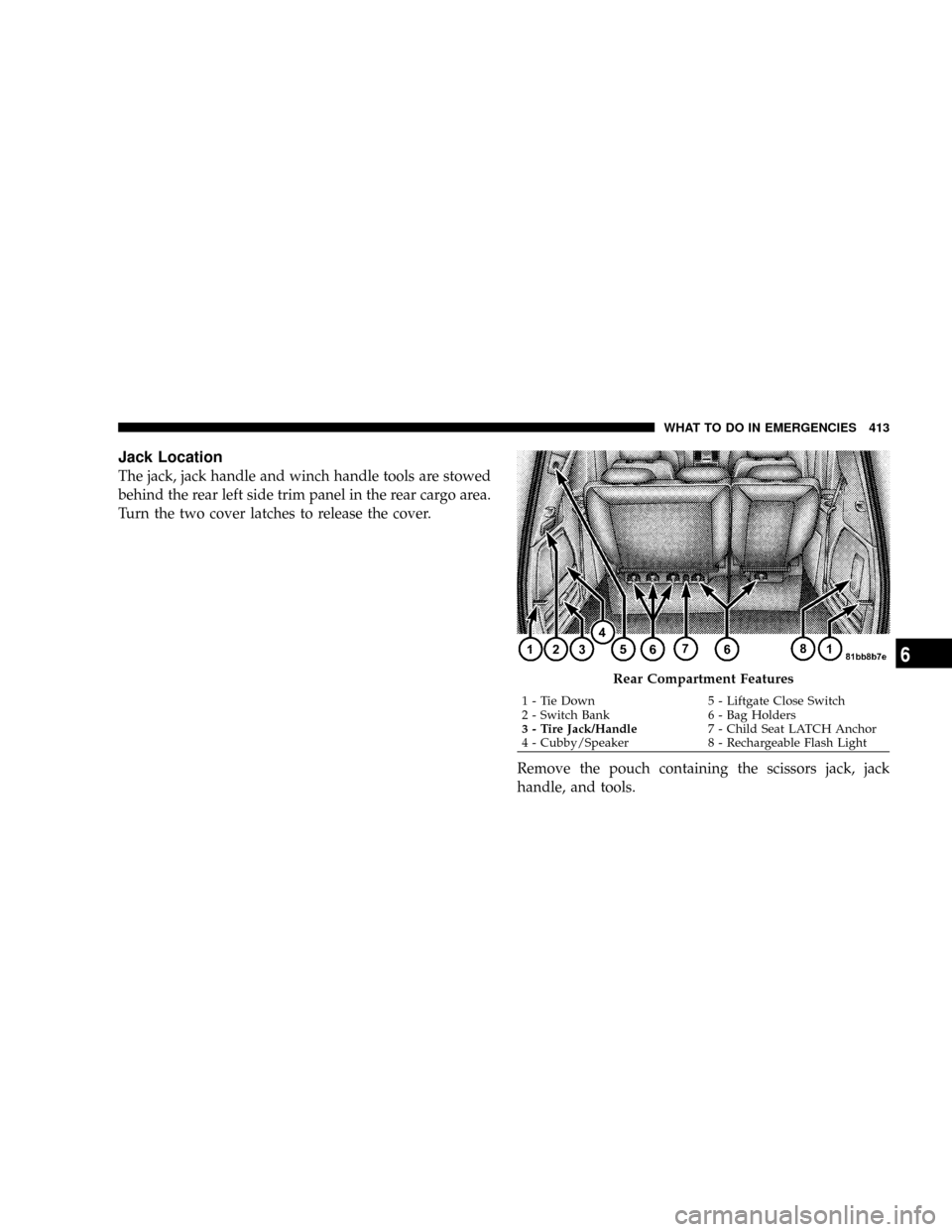 DODGE GRAND CARAVAN 2008 5.G Owners Manual Jack Location
The jack, jack handle and winch handle tools are stowed
behind the rear left side trim panel in the rear cargo area.
Turn the two cover latches to release the cover.
Remove the pouch con