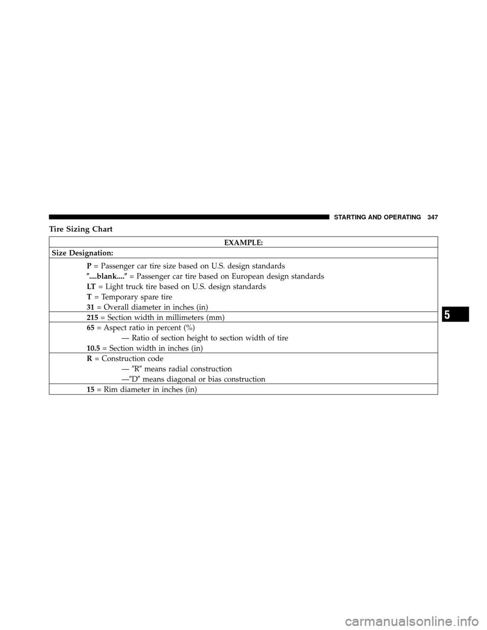 DODGE GRAND CARAVAN 2010 5.G Owners Manual 
Tire Sizing Chart
EXAMPLE:
Size Designation:
P= Passenger car tire size based on U.S. design standards
....blank.... = Passenger car tire based on European design standards
LT = Light truck tire ba