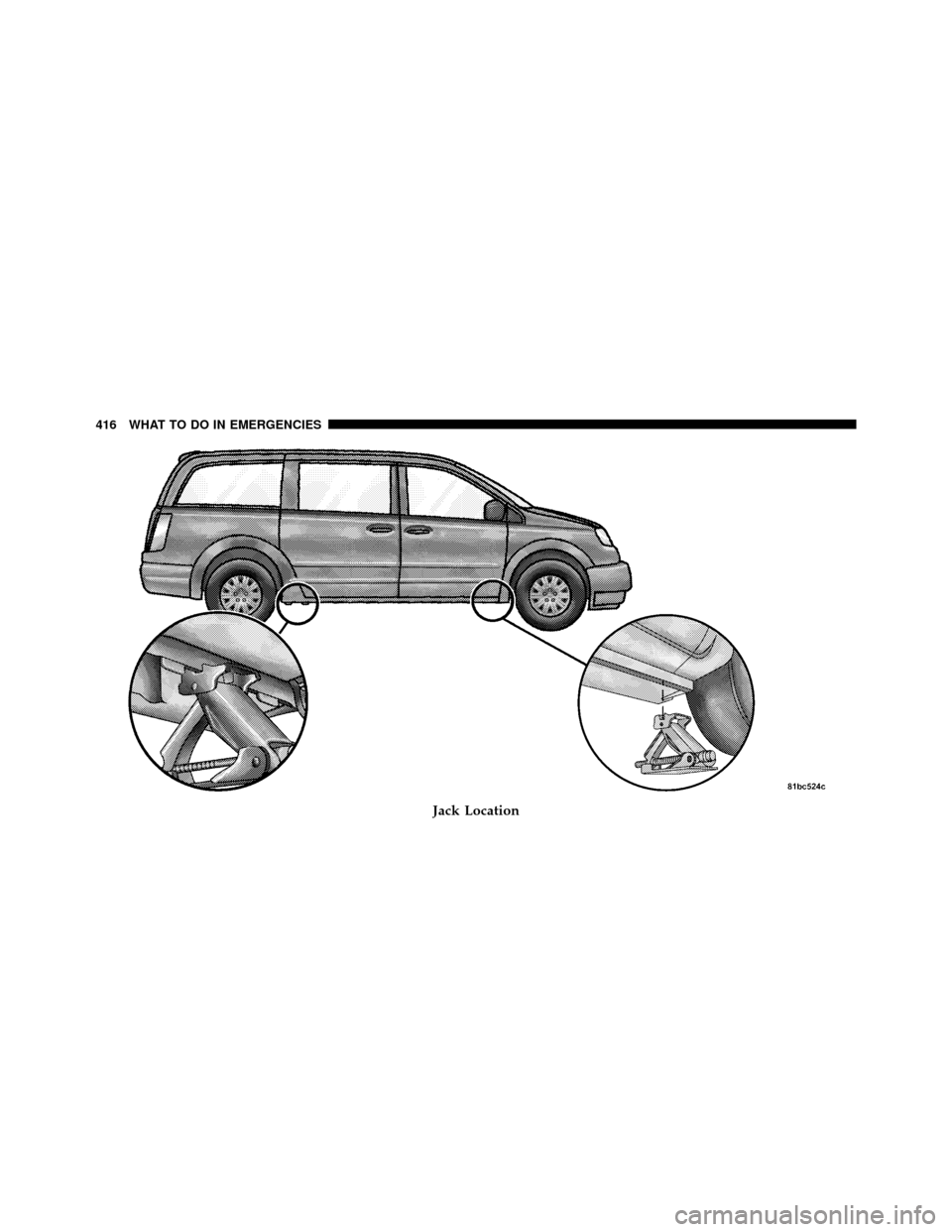 DODGE GRAND CARAVAN 2010 5.G Owners Manual 
Jack Location
416 WHAT TO DO IN EMERGENCIES 