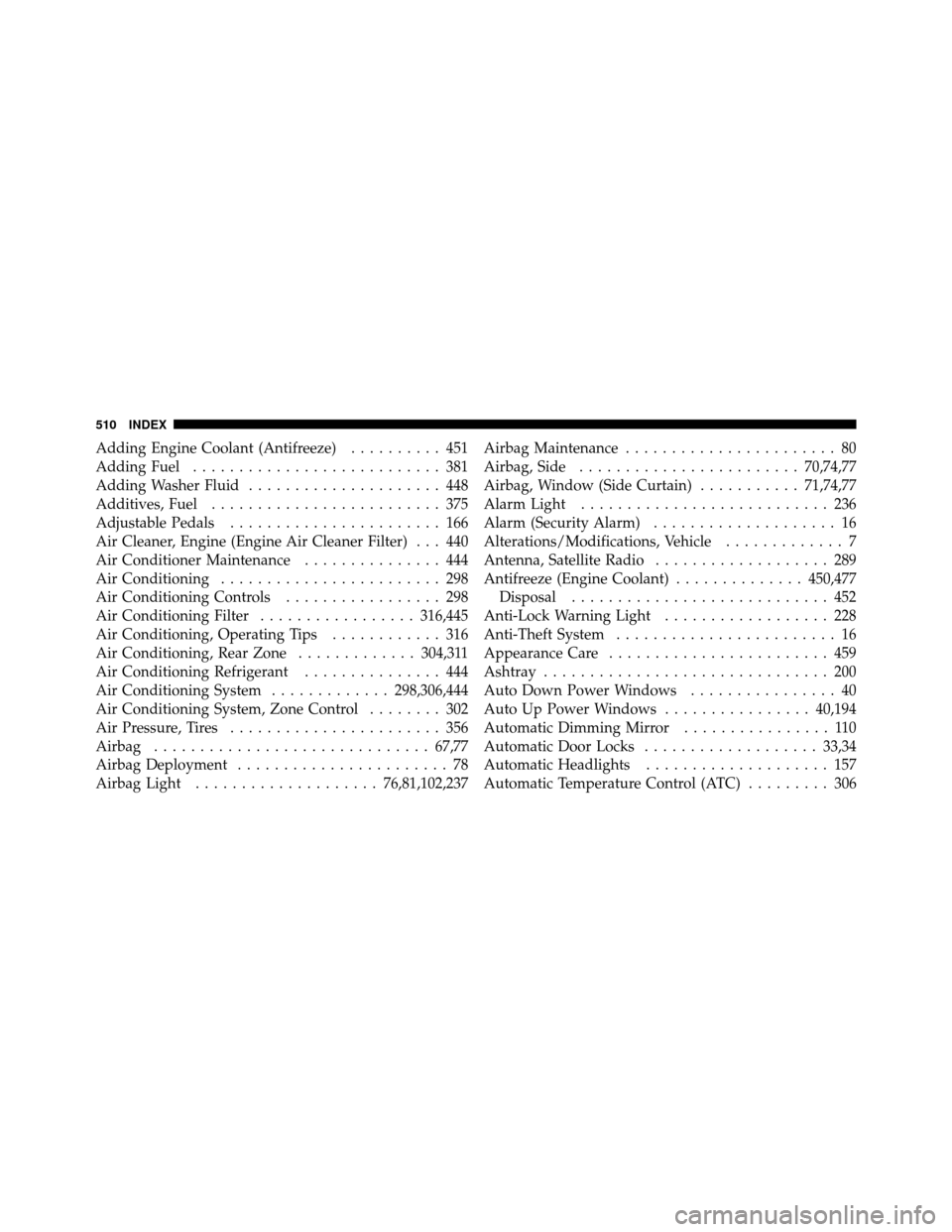 DODGE GRAND CARAVAN 2010 5.G Owners Manual 
Adding Engine Coolant (Antifreeze).......... 451
Adding Fuel ........................... 381
Adding Washer Fluid ..................... 448
Additives, Fuel ......................... 375
Adjustable Ped
