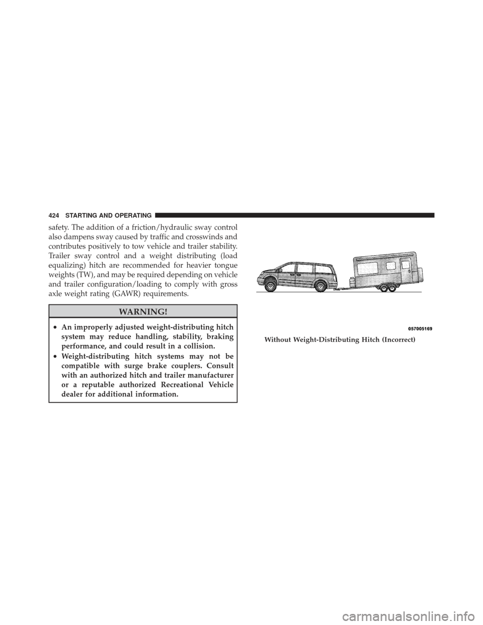 DODGE GRAND CARAVAN 2011 5.G Owners Manual safety. The addition of a friction/hydraulic sway control
also dampens sway caused by traffic and crosswinds and
contributes positively to tow vehicle and trailer stability.
Trailer sway control and a