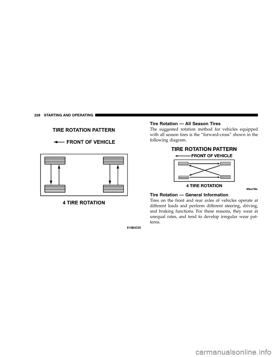 DODGE MAGNUM SRT 2006 1.G Owners Manual Tire Rotation — All Season Tires
The suggested rotation method for vehicles equipped
with all season tires is the “forward-cross” shown in the
following diagram.
Tire Rotation — General Inform