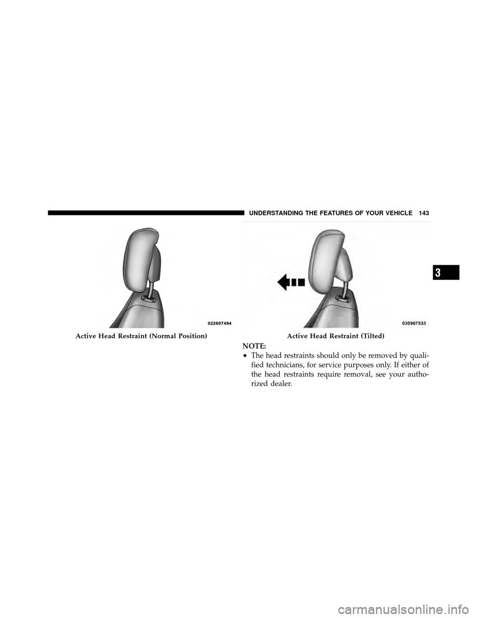 DODGE NITRO 2011 1.G Owners Manual NOTE:
•The head restraints should only be removed by quali-
fied technicians, for service purposes only. If either of
the head restraints require removal, see your autho-
rized dealer.
Active Head R