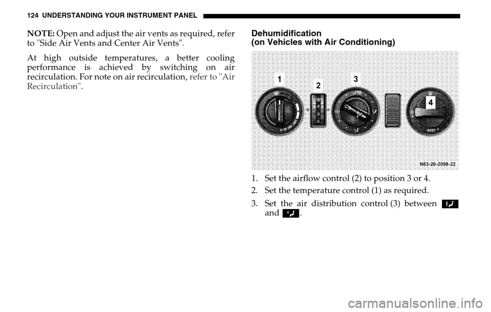 DODGE SPRINTER 2005 1.G Owners Manual 124 UNDERSTANDING YOUR INSTRUMENT PANELNOTE: Open and adjust the air vents as required,  refer 
to   "Side Air Vents and Center Air Vents" . 
At high outside temperatures, a better cooling 
performanc