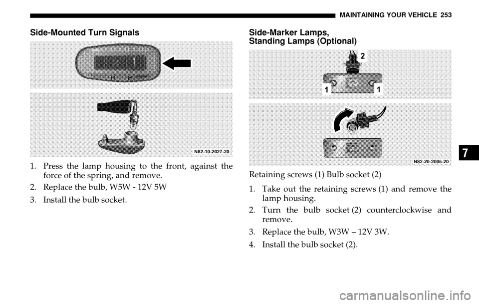 DODGE SPRINTER 2005 1.G Owners Manual MAINTAINING YOUR VEHICLE 253
7
Side-Mounted Turn Signals1. Press the lamp housing to the front, against the force of the spring, and remove. 
2. Replace the bulb, W5W - 12V 5W 
3. Install the bulb soc