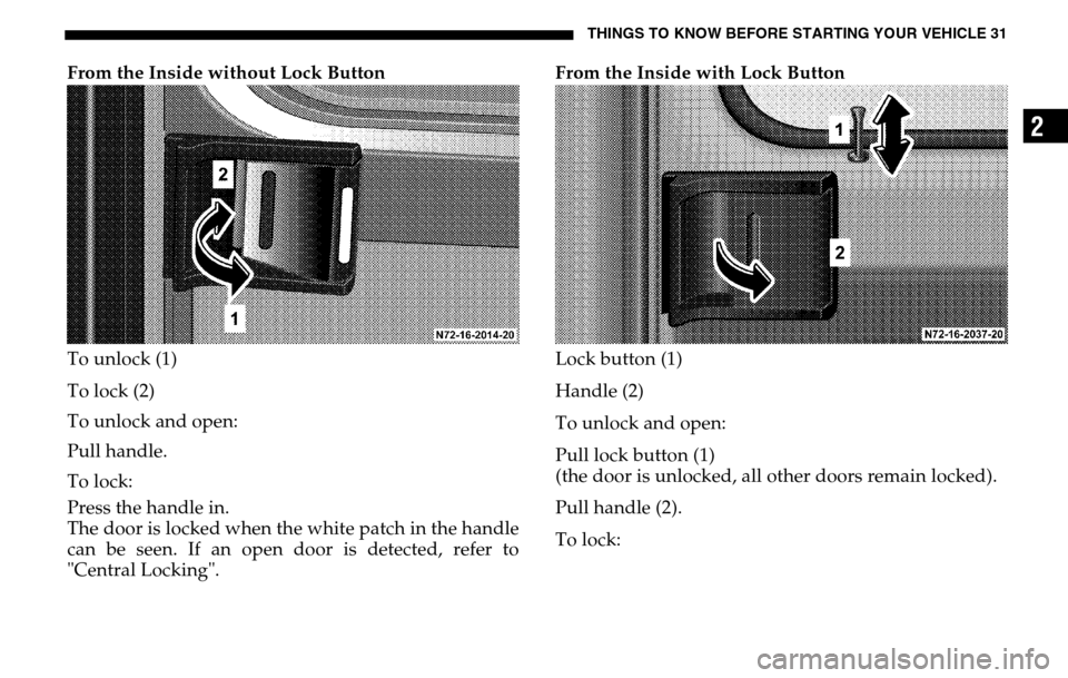 DODGE SPRINTER 2005 1.G Owners Manual THINGS TO KNOW BEFORE STARTING YOUR VEHICLE 31
2
From the Inside without Lock Button 
To unlock (1) 
To lock (2) 
To unlock and open:
Pull handle. 
To lock: 
Press the handle in. 
The door is locked w