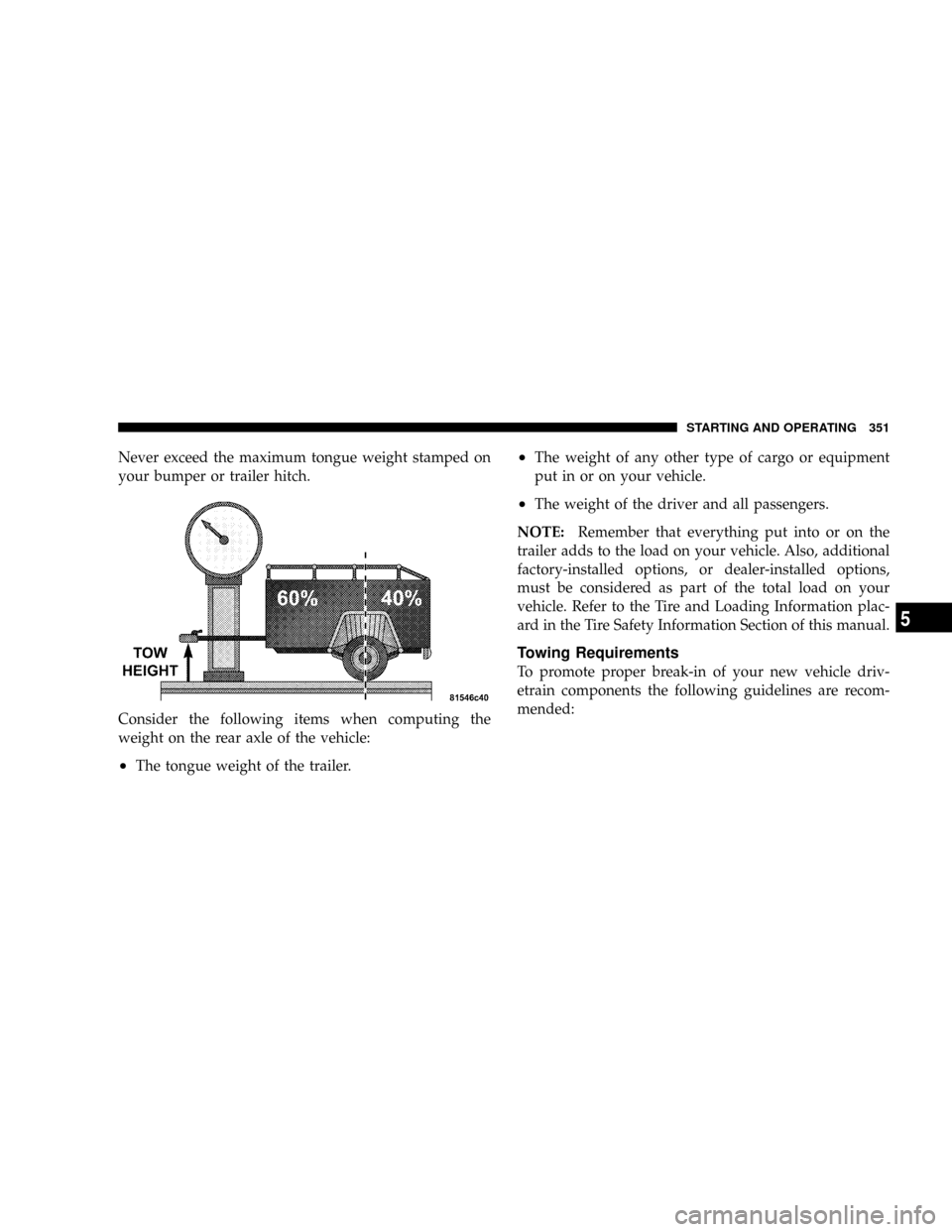 DODGE POWER WAGON 2007 2.G Owners Manual Never exceed the maximum tongue weight stamped on
your bumper or trailer hitch.
Consider the following items when computing the
weight on the rear axle of the vehicle:
²The tongue weight of the trail