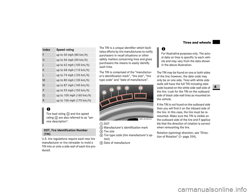 DODGE SPRINTER 2007 2.G Owners Manual 225 Operation
Tires and wheels
4
U.S. tire regulations require each new tire 
manufacturer or tire retreader to mold a 
TIN into or onto a side wall of each tire pro-
duced.The TIN is a unique identif