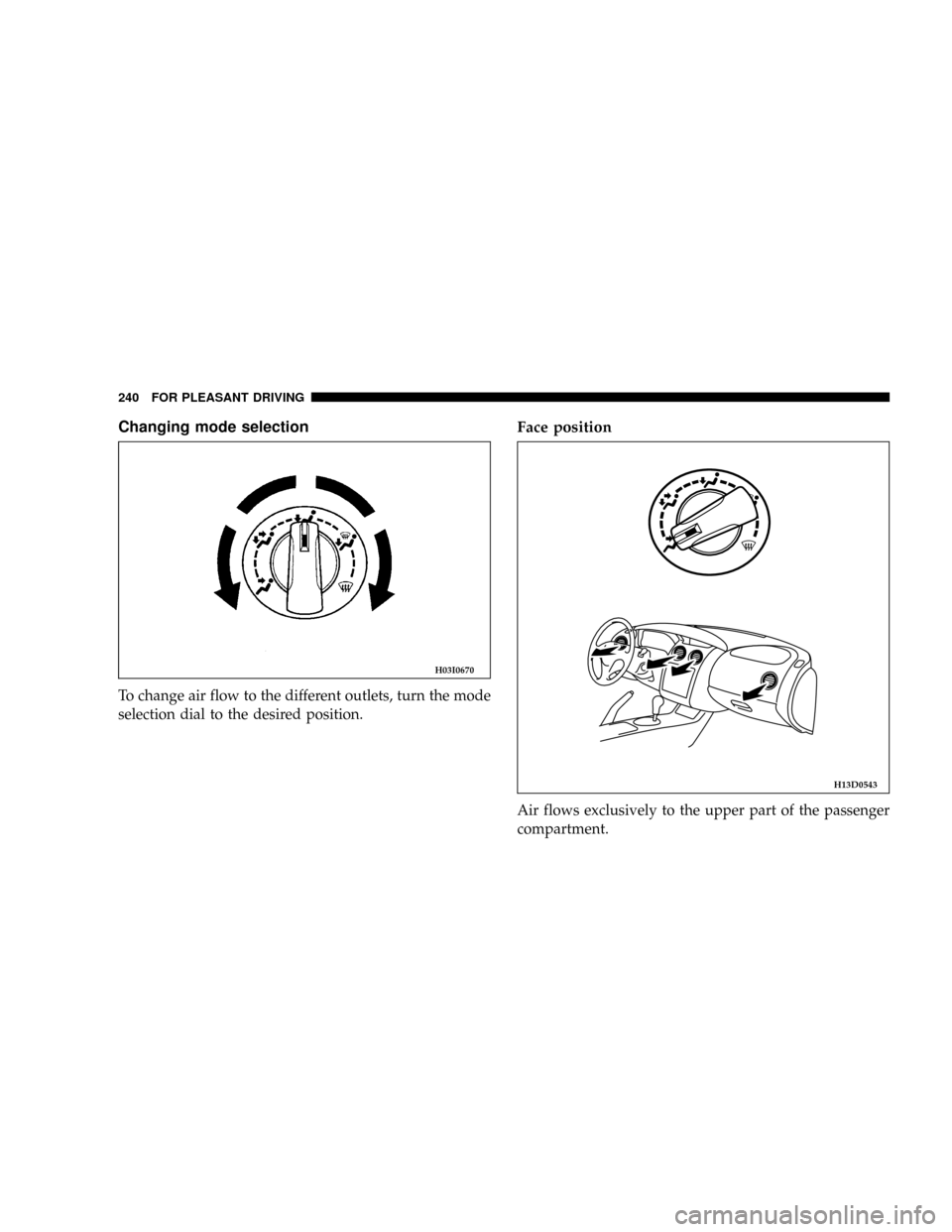 DODGE STRATUS COUPE 2005 2.G Owners Manual Changing mode selection
To change air flow to the different outlets, turn the mode
selection dial to the desired position.
Face position
Air flows exclusively to the upper part of the passenger
compar