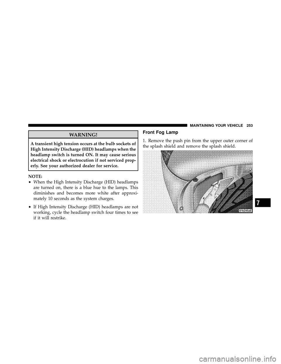 DODGE VIPER 2010 ZB II / 2.G Owners Manual WARNING!
A transient high tension occurs at the bulb sockets of
High Intensity Discharge (HID) headlamps when the
headlamp switch is turned ON. It may cause serious
electrical shock or electrocution i