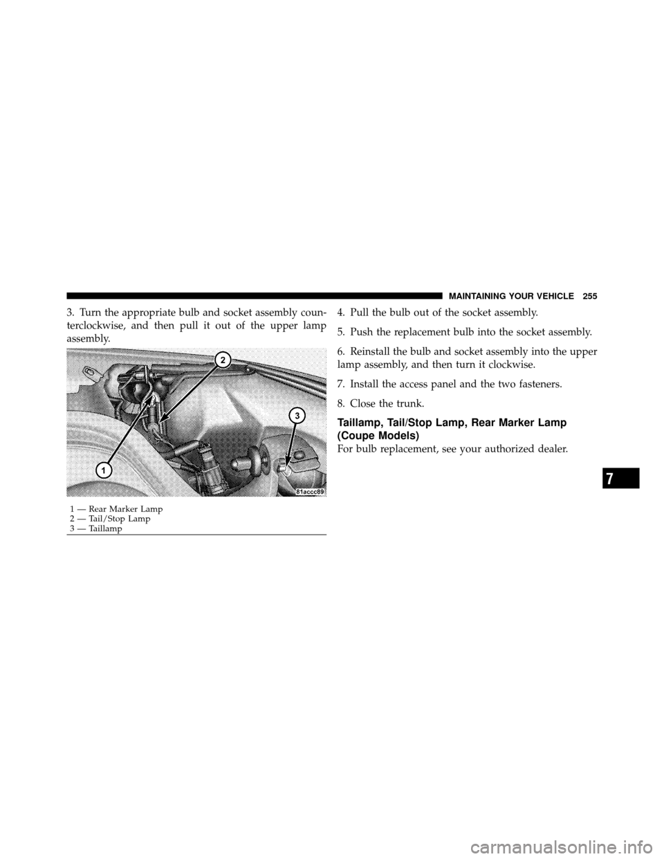 DODGE VIPER 2010 ZB II / 2.G Owners Manual 3. Turn the appropriate bulb and socket assembly coun-
terclockwise, and then pull it out of the upper lamp
assembly.4. Pull the bulb out of the socket assembly.
5. Push the replacement bulb into the 