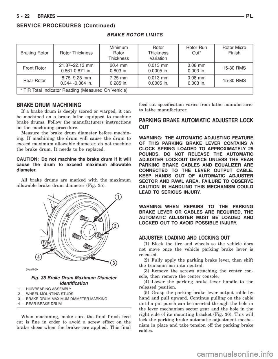 DODGE NEON 2000 Service Repair Manual BRAKE ROTOR LIMITS
Braking Rotor Rotor ThicknessMinimum
Rotor
ThicknessRotor
Thickness
VariationRotor Run
Out*Rotor Micro
Finish
Front Rotor21.87±22.13 mm
0.861-0.871 in.20.4 mm
0.803 in.0.013 mm
0.0 DODGE NEON 2000 Service Repair Manual BRAKE ROTOR LIMITS
Braking Rotor Rotor ThicknessMinimum
Rotor
ThicknessRotor
Thickness
VariationRotor Run
Out*Rotor Micro
Finish
Front Rotor21.87±22.13 mm
0.861-0.871 in.20.4 mm
0.803 in.0.013 mm
0.0