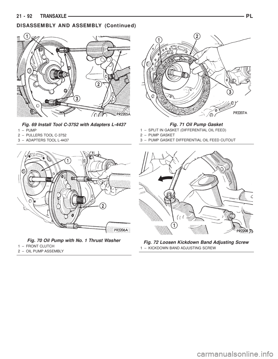 DODGE NEON 2000  Service Repair Manual Fig. 69 Install Tool C-3752 with Adapters L-4437
1 ± PUMP
2 ± PULLERS TOOL C-3752
3 ± ADAPTERS TOOL L-4437
Fig. 70 Oil Pump with No. 1 Thrust Washer
1 ± FRONT CLUTCH
2 ± OIL PUMP ASSEMBLY
Fig. 71