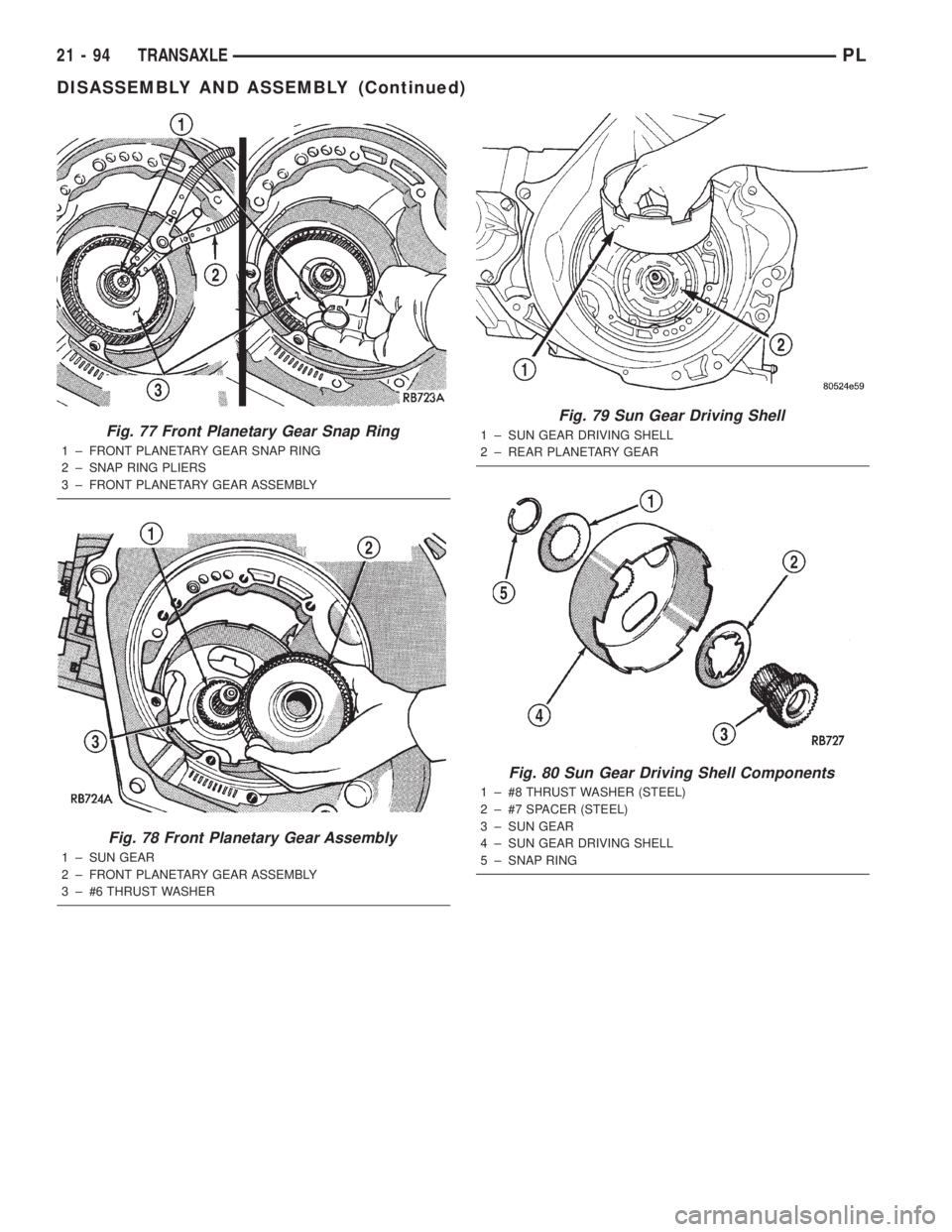 DODGE NEON 2000  Service Repair Manual Fig. 77 Front Planetary Gear Snap Ring
1 ± FRONT PLANETARY GEAR SNAP RING
2 ± SNAP RING PLIERS
3 ± FRONT PLANETARY GEAR ASSEMBLY
Fig. 78 Front Planetary Gear Assembly
1 ± SUN GEAR
2 ± FRONT PLANE