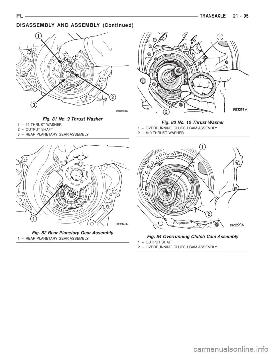 DODGE NEON 2000  Service Repair Manual Fig. 81 No. 9 Thrust Washer
1 ± #9 THRUST WASHER
2 ± OUTPUT SHAFT
3 ± REAR PLANETARY GEAR ASSEMBLY
Fig. 82 Rear Planetary Gear Assembly
1 ± REAR PLANETARY GEAR ASSEMBLY
Fig. 83 No. 10 Thrust Washe