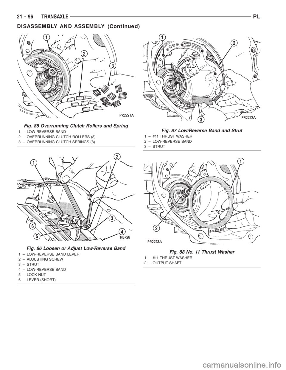 DODGE NEON 2000  Service Repair Manual Fig. 85 Overrunning Clutch Rollers and Spring
1 ± LOW-REVERSE BAND
2 ± OVERRUNNING CLUTCH ROLLERS (8)
3 ± OVERRUNNING CLUTCH SPRINGS (8)
Fig. 86 Loosen or Adjust Low/Reverse Band
1 ± LOW-REVERSE B