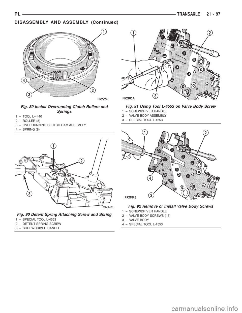 DODGE NEON 2000  Service Repair Manual Fig. 89 Install Overrunning Clutch Rollers and
Springs
1 ± TOOL L-4440
2 ± ROLLER (8)
3 ± OVERRUNNING CLUTCH CAM ASSEMBLY
4 ± SPRING (8)
Fig. 90 Detent Spring Attaching Screw and Spring
1 ± SPECI