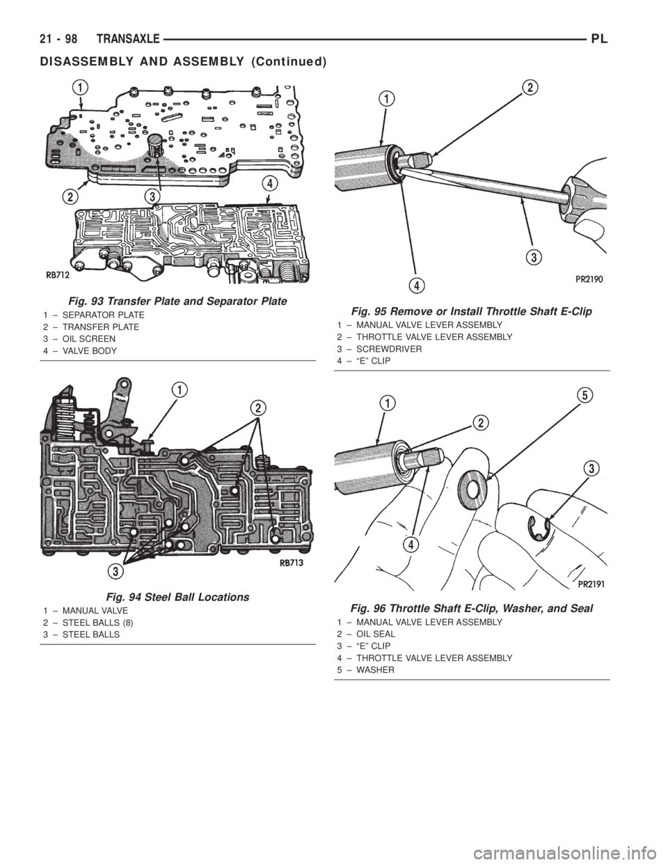 DODGE NEON 2000  Service Repair Manual Fig. 93 Transfer Plate and Separator Plate
1 ± SEPARATOR PLATE
2 ± TRANSFER PLATE
3 ± OIL SCREEN
4 ± VALVE BODY
Fig. 94 Steel Ball Locations
1 ± MANUAL VALVE
2 ± STEEL BALLS (8)
3 ± STEEL BALLS