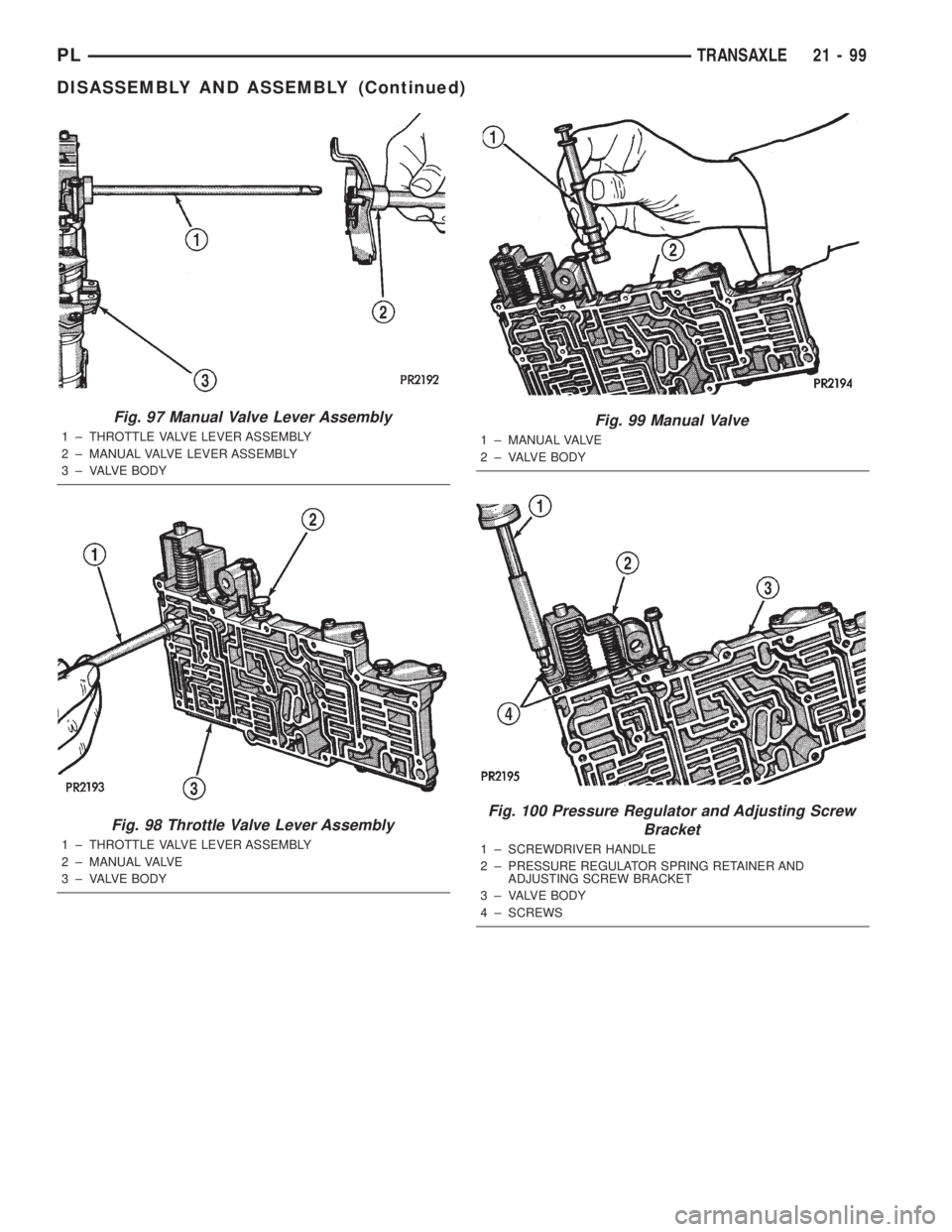 DODGE NEON 2000  Service Repair Manual Fig. 97 Manual Valve Lever Assembly
1 ± THROTTLE VALVE LEVER ASSEMBLY
2 ± MANUAL VALVE LEVER ASSEMBLY
3 ± VALVE BODY
Fig. 98 Throttle Valve Lever Assembly
1 ± THROTTLE VALVE LEVER ASSEMBLY
2 ± MA
