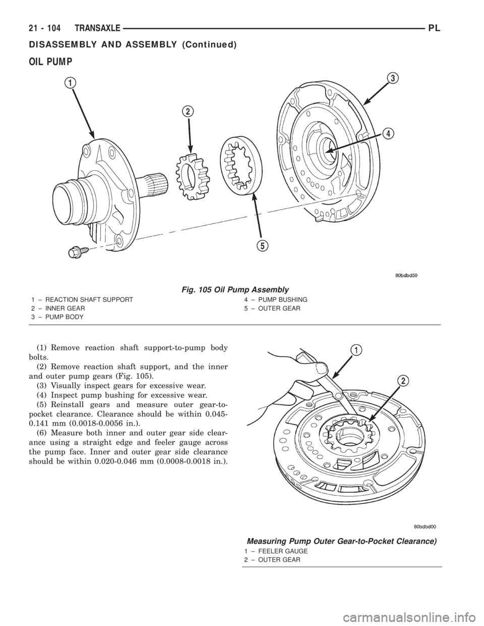 DODGE NEON 2000  Service Repair Manual OIL PUMP
(1) Remove reaction shaft support-to-pump body
bolts.
(2) Remove reaction shaft support, and the inner
and outer pump gears (Fig. 105).
(3) Visually inspect gears for excessive wear.
(4) Insp