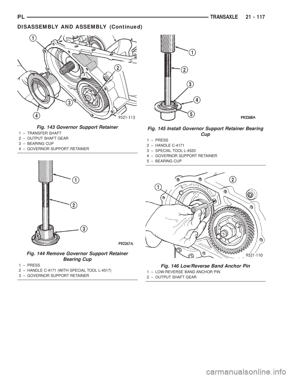 DODGE NEON 2000  Service Repair Manual Fig. 143 Governor Support Retainer
1 ± TRANSFER SHAFT
2 ± OUTPUT SHAFT GEAR
3 ± BEARING CUP
4 ± GOVERNOR SUPPORT RETAINER
Fig. 144 Remove Governor Support Retainer
Bearing Cup
1 ± PRESS
2 ± HAND