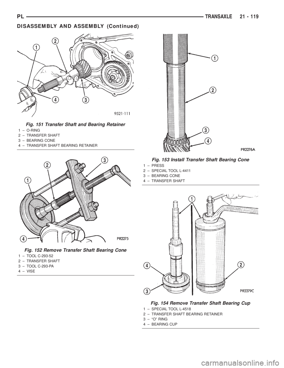 DODGE NEON 2000  Service Repair Manual Fig. 151 Transfer Shaft and Bearing Retainer
1 ± O-RING
2 ± TRANSFER SHAFT
3 ± BEARING CONE
4 ± TRANSFER SHAFT BEARING RETAINER
Fig. 152 Remove Transfer Shaft Bearing Cone
1 ± TOOL C-293-52
2 ± 