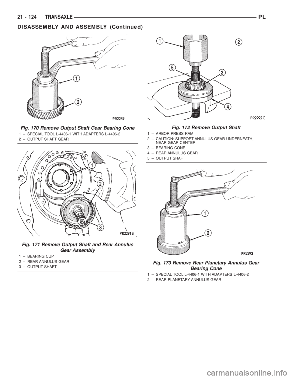 DODGE NEON 2000  Service Repair Manual Fig. 170 Remove Output Shaft Gear Bearing Cone
1 ± SPECIAL TOOL L-4406-1 WITH ADAPTERS L-4406-2
2 ± OUTPUT SHAFT GEAR
Fig. 171 Remove Output Shaft and Rear Annulus
Gear Assembly
1 ± BEARING CUP
2 