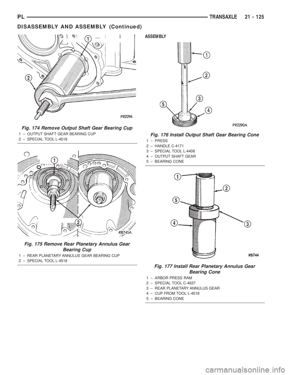 DODGE NEON 2000  Service Repair Manual ASSEMBLY
Fig. 174 Remove Output Shaft Gear Bearing Cup
1 ± OUTPUT SHAFT GEAR BEARING CUP
2 ± SPECIAL TOOL L-4518
Fig. 175 Remove Rear Planetary Annulus Gear
Bearing Cup
1 ± REAR PLANETARY ANNULUS G