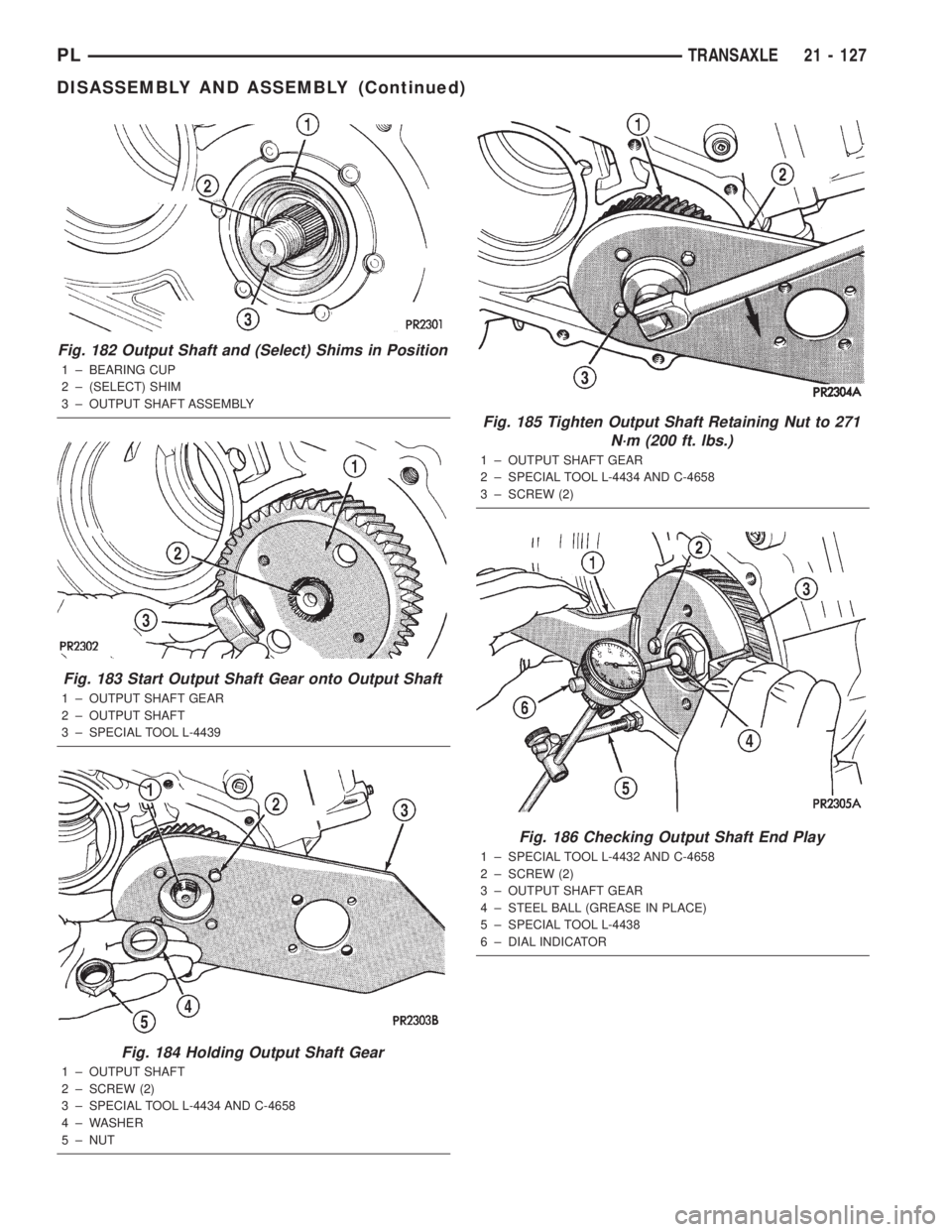 DODGE NEON 2000  Service Repair Manual Fig. 182 Output Shaft and (Select) Shims in Position
1 ± BEARING CUP
2 ± (SELECT) SHIM
3 ± OUTPUT SHAFT ASSEMBLY
Fig. 183 Start Output Shaft Gear onto Output Shaft
1 ± OUTPUT SHAFT GEAR
2 ± OUTPU