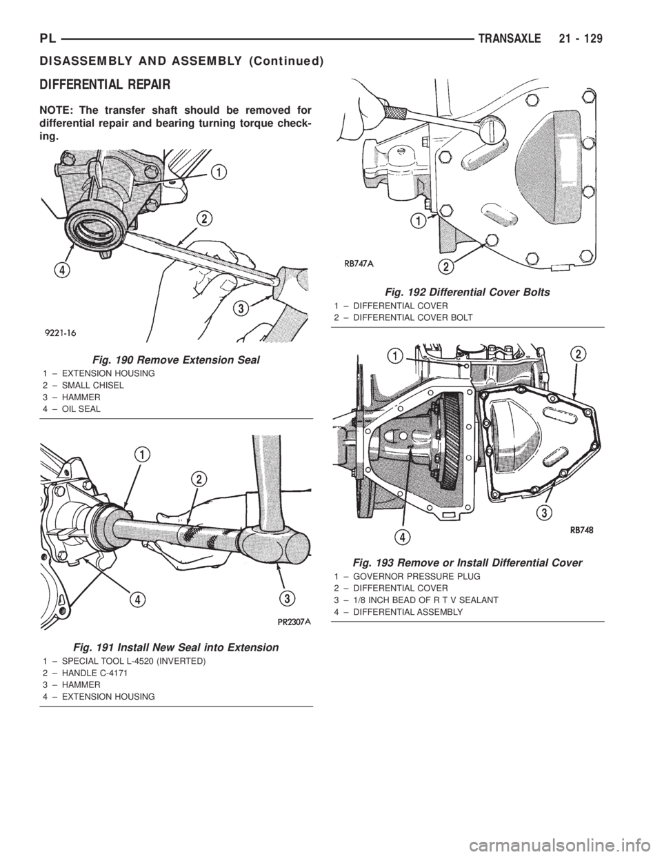 DODGE NEON 2000  Service Repair Manual DIFFERENTIAL REPAIR
NOTE: The transfer shaft should be removed for
differential repair and bearing turning torque check-
ing.
Fig. 190 Remove Extension Seal
1 ± EXTENSION HOUSING
2 ± SMALL CHISEL
3 
