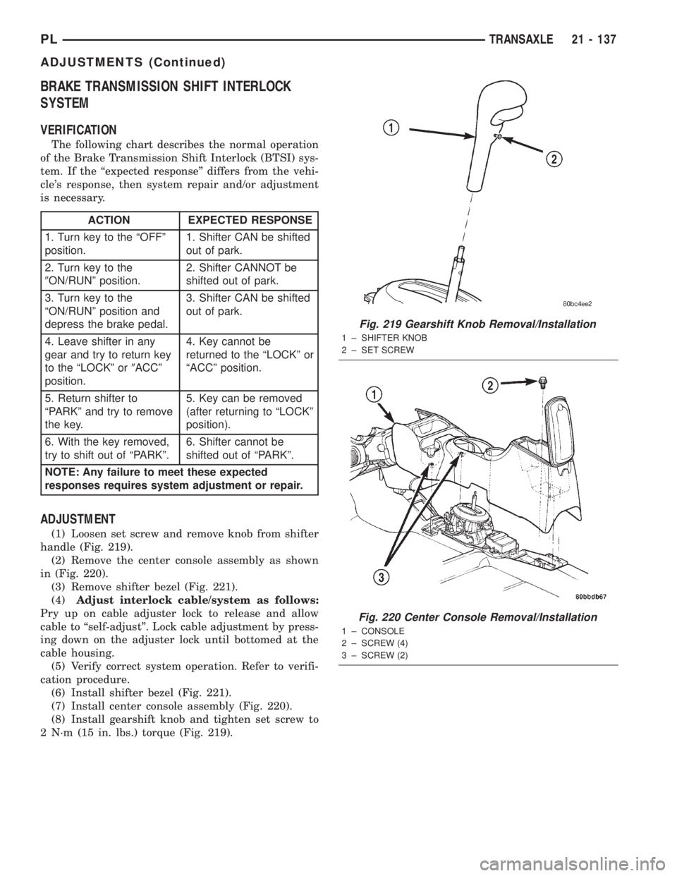 DODGE NEON 2000  Service Repair Manual BRAKE TRANSMISSION SHIFT INTERLOCK
SYSTEM
VERIFICATION
The following chart describes the normal operation
of the Brake Transmission Shift Interlock (BTSI) sys-
tem. If the ªexpected responseº differ