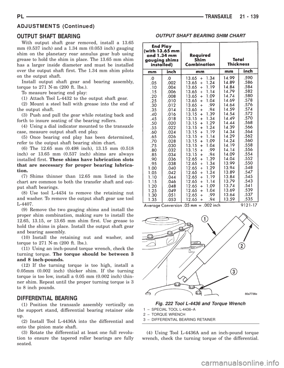 DODGE NEON 2000 Service Repair Manual OUTPUT SHAFT BEARING
With output shaft gear removed, install a 13.65
mm (0.537 inch) and a 1.34 mm (0.053 inch) gauging
shim on the planetary rear annulus gear hub using
grease to hold the shim in pla DODGE NEON 2000 Service Repair Manual OUTPUT SHAFT BEARING
With output shaft gear removed, install a 13.65
mm (0.537 inch) and a 1.34 mm (0.053 inch) gauging
shim on the planetary rear annulus gear hub using
grease to hold the shim in pla