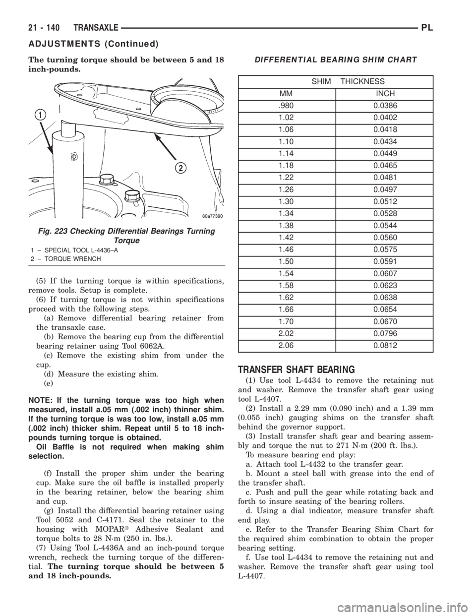 DODGE NEON 2000 Service Repair Manual The turning torque should be between 5 and 18
inch-pounds.
(5) If the turning torque is within specifications,
remove tools. Setup is complete.
(6) If turning torque is not within specifications
proce DODGE NEON 2000 Service Repair Manual The turning torque should be between 5 and 18
inch-pounds.
(5) If the turning torque is within specifications,
remove tools. Setup is complete.
(6) If turning torque is not within specifications
proce