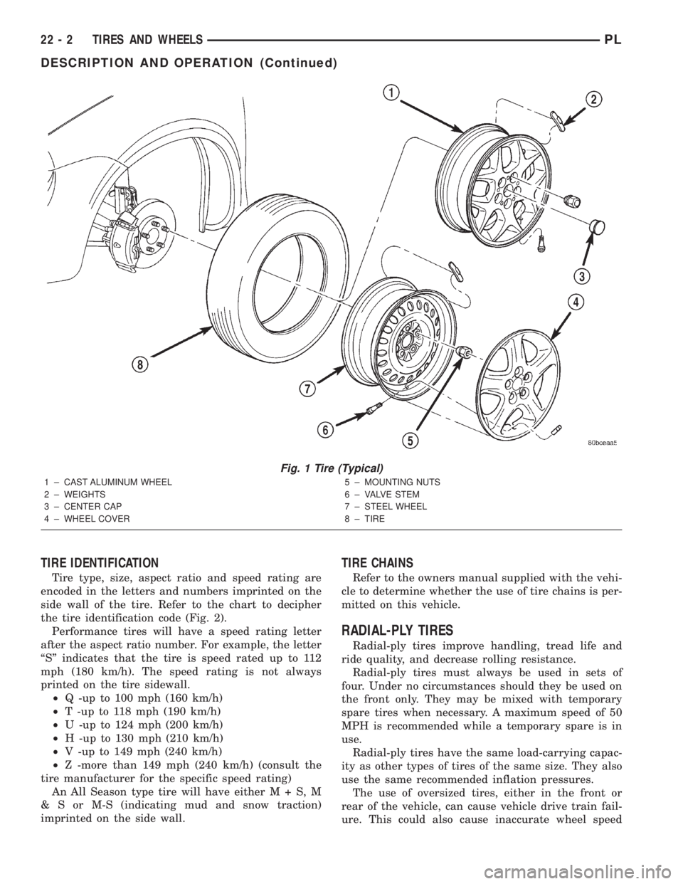 DODGE NEON 2000  Service Repair Manual TIRE IDENTIFICATION
Tire type, size, aspect ratio and speed rating are
encoded in the letters and numbers imprinted on the
side wall of the tire. Refer to the chart to decipher
the tire identification