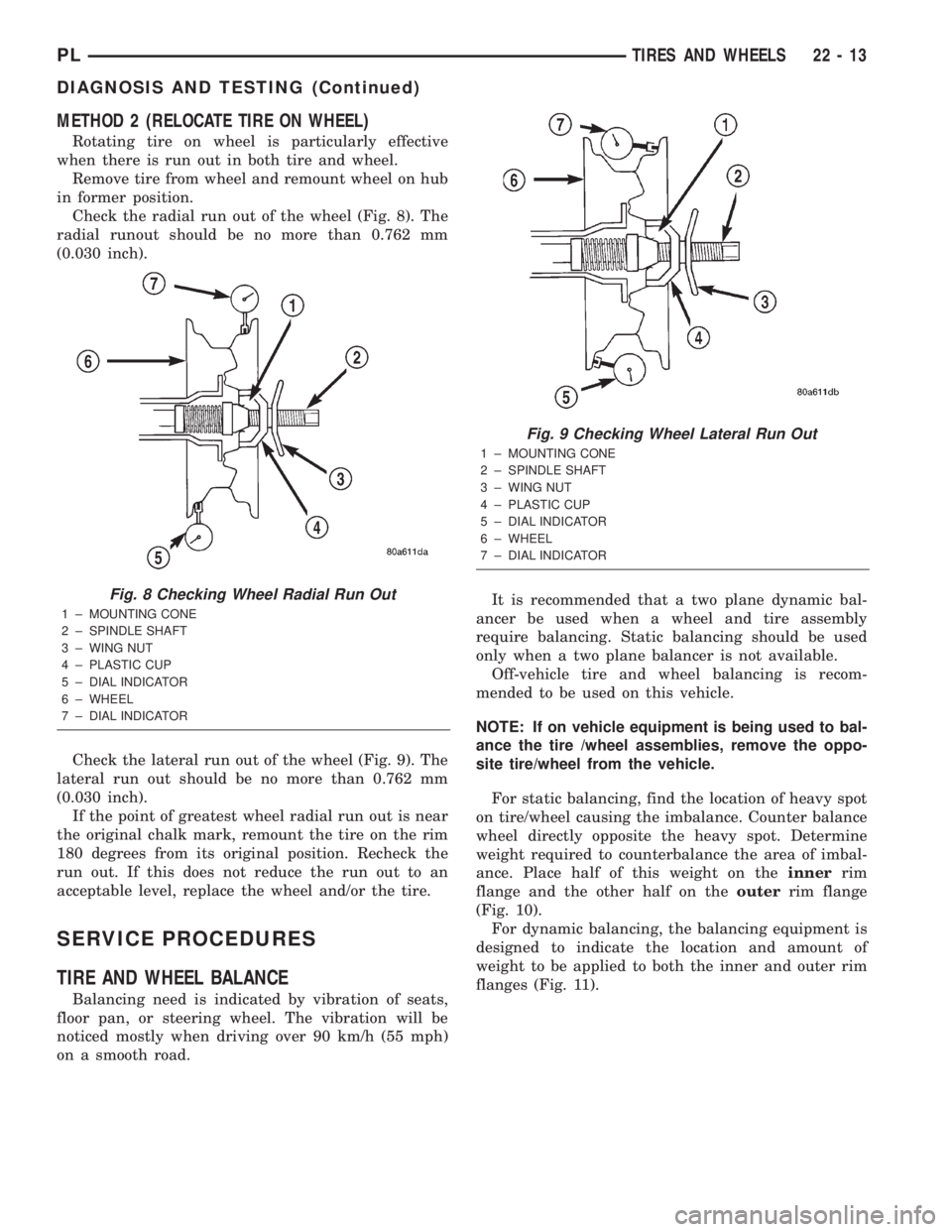 DODGE NEON 2000 Service Repair Manual METHOD 2 (RELOCATE TIRE ON WHEEL)
Rotating tire on wheel is particularly effective
when there is run out in both tire and wheel.
Remove tire from wheel and remount wheel on hub
in former position.
Che DODGE NEON 2000 Service Repair Manual METHOD 2 (RELOCATE TIRE ON WHEEL)
Rotating tire on wheel is particularly effective
when there is run out in both tire and wheel.
Remove tire from wheel and remount wheel on hub
in former position.
Che