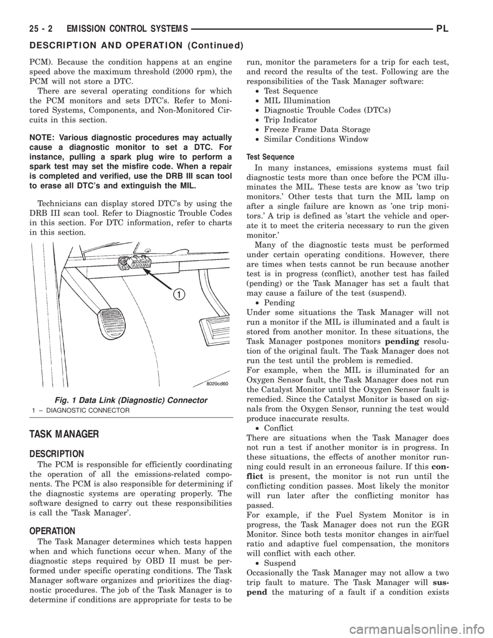 DODGE NEON 2000  Service Repair Manual PCM). Because the condition happens at an engine
speed above the maximum threshold (2000 rpm), the
PCM will not store a DTC.
There are several operating conditions for which
the PCM monitors and sets 