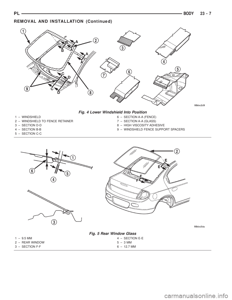 DODGE NEON 2000  Service Repair Manual Fig. 4 Lower Windshield Into Position
1 ± WINDSHIELD
2 ± WINDSHIELD TO FENCE RETAINER
3 ± SECTION D-D
4 ± SECTION B-B
5 ± SECTION C-C6 ± SECTION A-A (FENCE)
7 ± SECTION A-A (GLASS)
8 ± HIGH VI