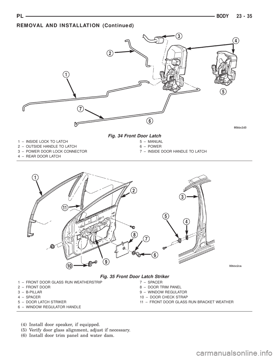 DODGE NEON 2000  Service Repair Manual (4) Install door speaker, if equipped.
(5) Verify door glass alignment, adjust if necessary.
(6) Install door trim panel and water dam.
Fig. 34 Front Door Latch
1 ± INSIDE LOCK TO LATCH
2 ± OUTSIDE 