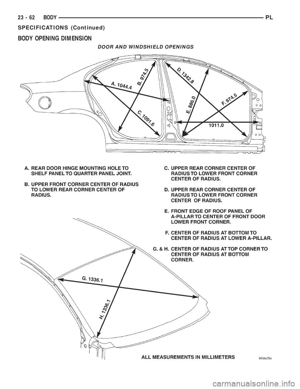 DODGE NEON 2000  Service Repair Manual BODY OPENING DIMENSION
DOOR AND WINDSHIELD OPENINGS
23 - 62 BODYPL
SPECIFICATIONS (Continued) 