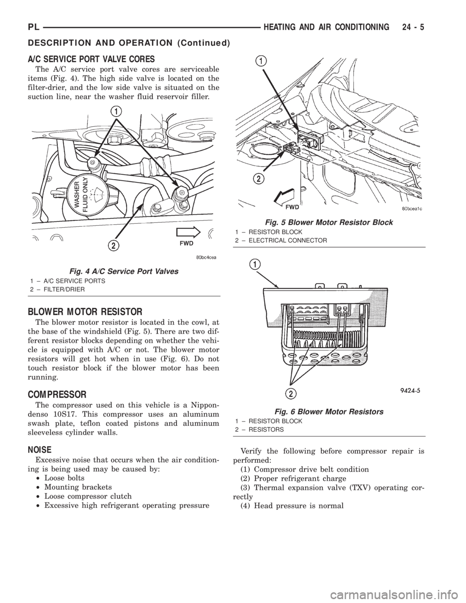 DODGE NEON 2000  Service Repair Manual A/C SERVICE PORT VALVE CORES
The A/C service port valve cores are serviceable
items (Fig. 4). The high side valve is located on the
filter-drier, and the low side valve is situated on the
suction line