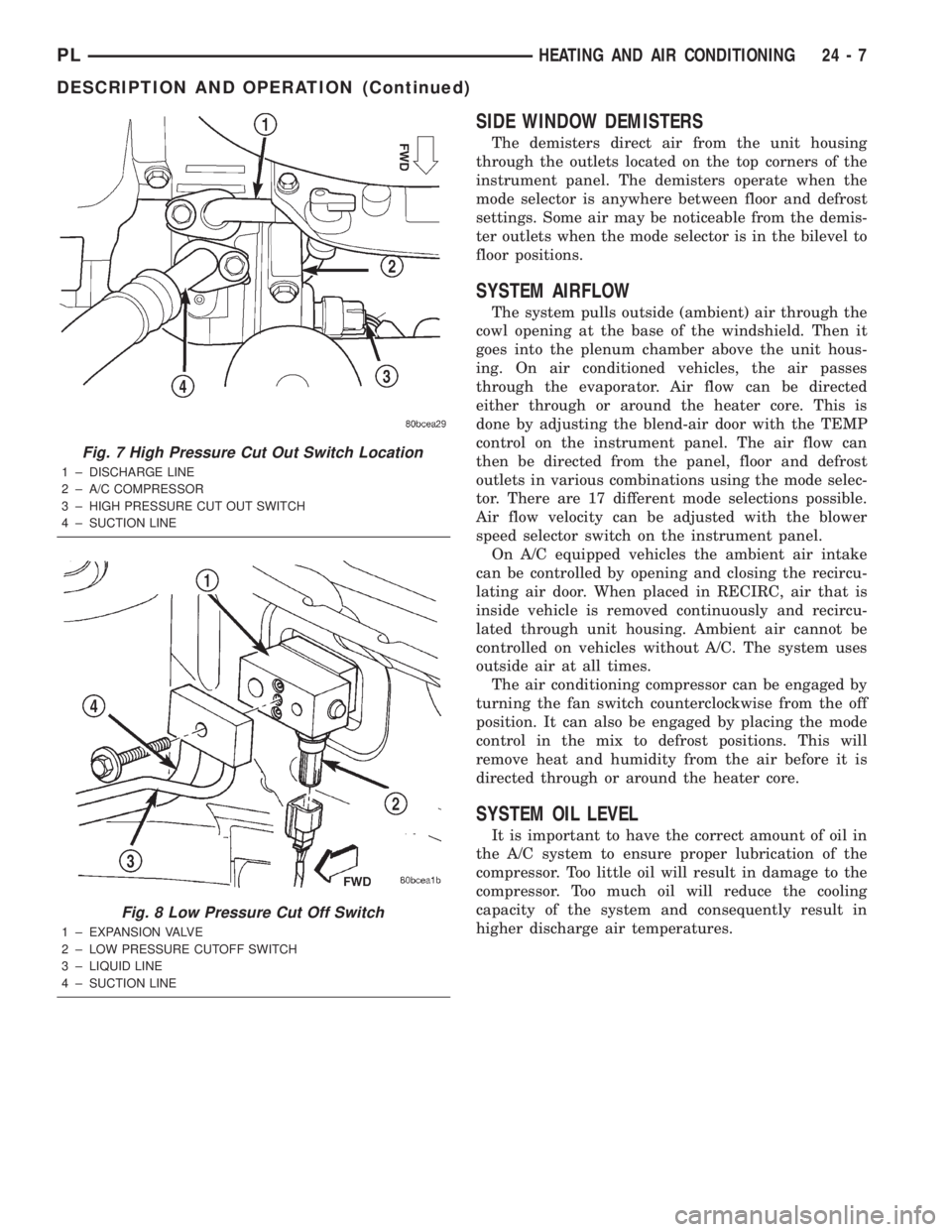 DODGE NEON 2000  Service Repair Manual SIDE WINDOW DEMISTERS
The demisters direct air from the unit housing
through the outlets located on the top corners of the
instrument panel. The demisters operate when the
mode selector is anywhere be