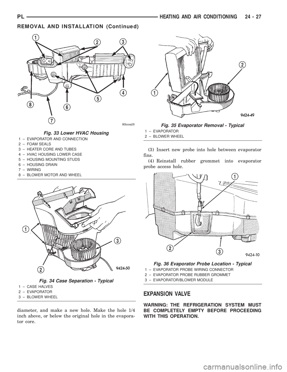 DODGE NEON 2000  Service Repair Manual diameter, and make a new hole. Make the hole 1/4
inch above, or below the original hole in the evapora-
tor core.(3) Insert new probe into hole between evaporator
fins.
(4) Reinstall rubber grommet in