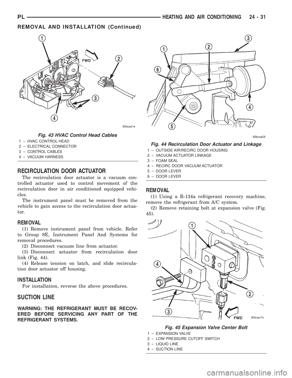 DODGE NEON 2000  Service Repair Manual RECIRCULATION DOOR ACTUATOR
The recirculation door actuator is a vacuum con-
trolled actuator used to control movement of the
recirculation door in air conditioned equipped vehi-
cles.
The instrument 