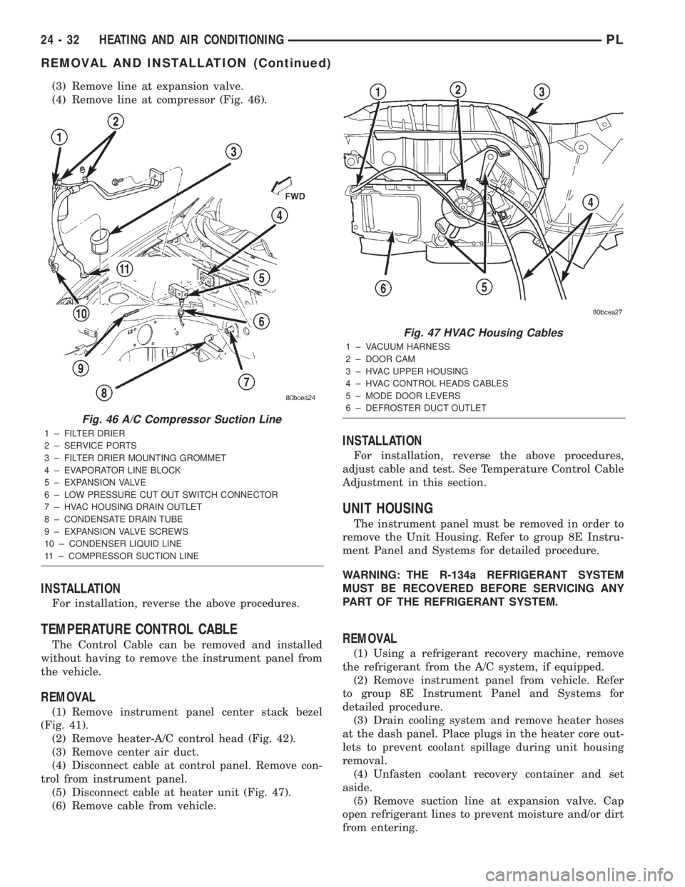 DODGE NEON 2000  Service Repair Manual (3) Remove line at expansion valve.
(4) Remove line at compressor (Fig. 46).
INSTALLATION
For installation, reverse the above procedures.
TEMPERATURE CONTROL CABLE
The Control Cable can be removed and