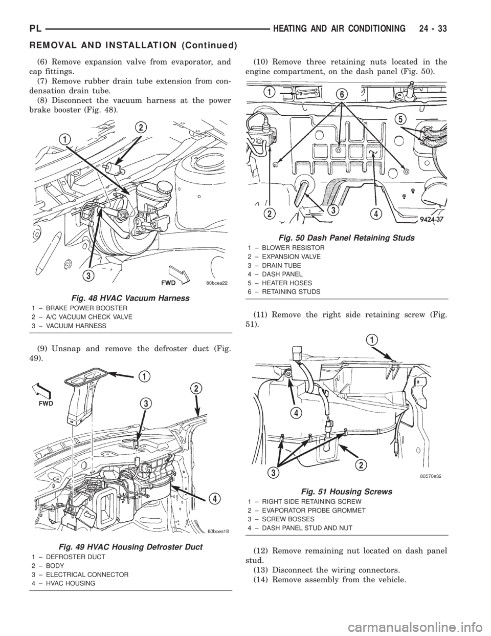 DODGE NEON 2000  Service Repair Manual (6) Remove expansion valve from evaporator, and
cap fittings.
(7) Remove rubber drain tube extension from con-
densation drain tube.
(8) Disconnect the vacuum harness at the power
brake booster (Fig. 