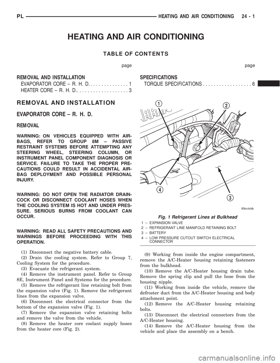 DODGE NEON 2000  Service Repair Manual HEATING AND AIR CONDITIONING
TABLE OF CONTENTS
page page
REMOVAL AND INSTALLATION
EVAPORATOR CORE ± R. H. D...............1
HEATER CORE ± R. H. D....................3SPECIFICATIONS
TORQUE SPECIFICAT