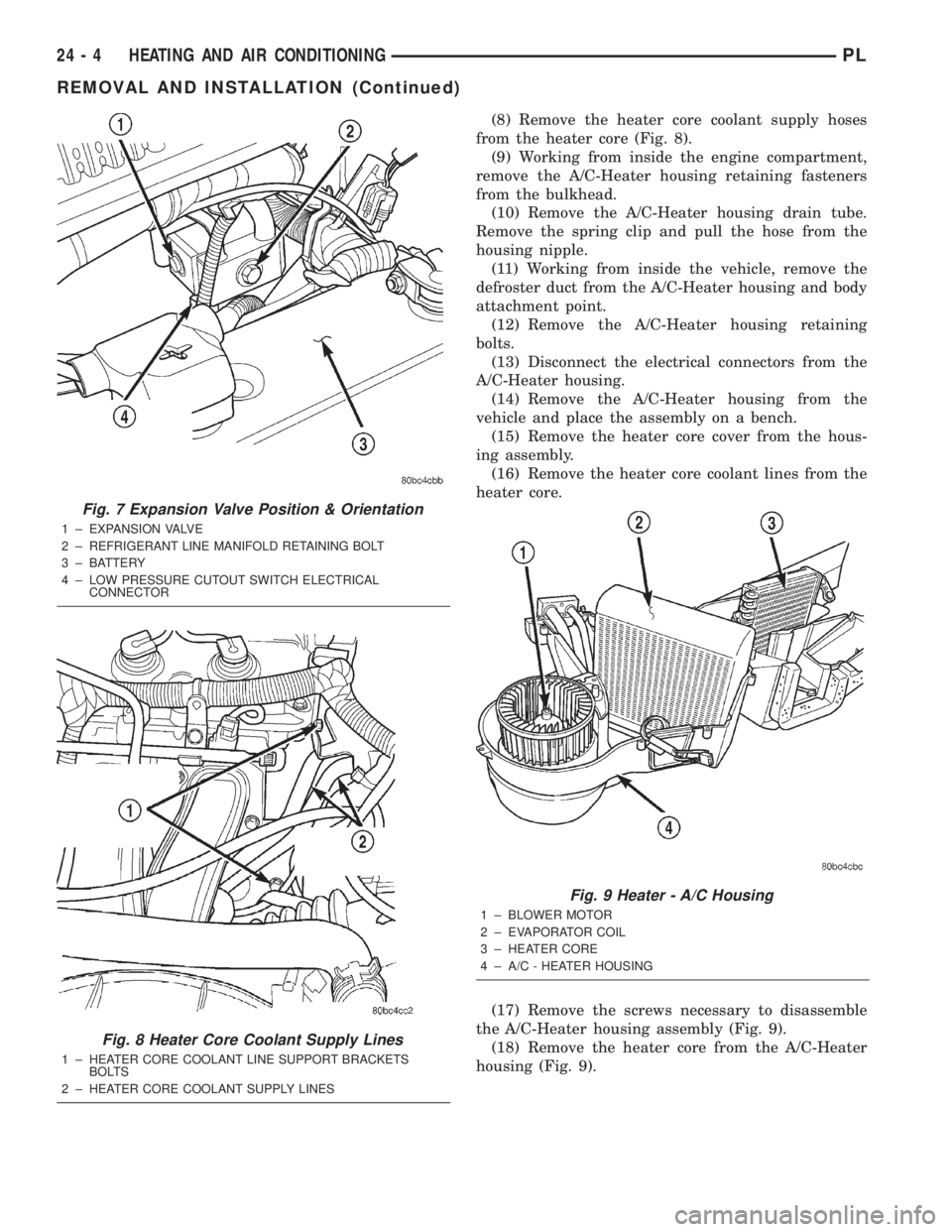 DODGE NEON 2000  Service Repair Manual (8) Remove the heater core coolant supply hoses
from the heater core (Fig. 8).
(9) Working from inside the engine compartment,
remove the A/C-Heater housing retaining fasteners
from the bulkhead.
(10)